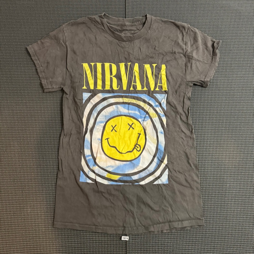 Nirvana Smiley Face Graphic T-Shirt Charcoal Grey XS Short Sleeve Grunge Rock